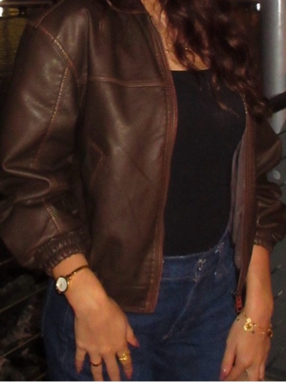 Bershka Dark Brown Leather Bomber Jacket